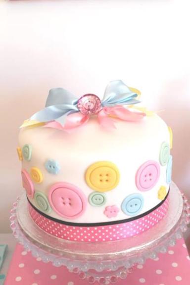 Pastel Cute as a Button Cake – shared on Kara’s Party Ideas here