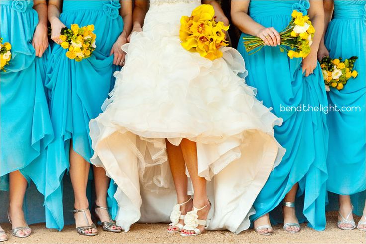 Bright Blue Bridesmaids Dresses and Yellow Bouquets – shared on Bend the Light