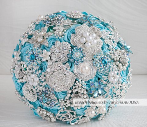 Turquoise and Silver Brooch Rhinestone Wedding Bouquet – made by MagnoliaHandmade on Etsy