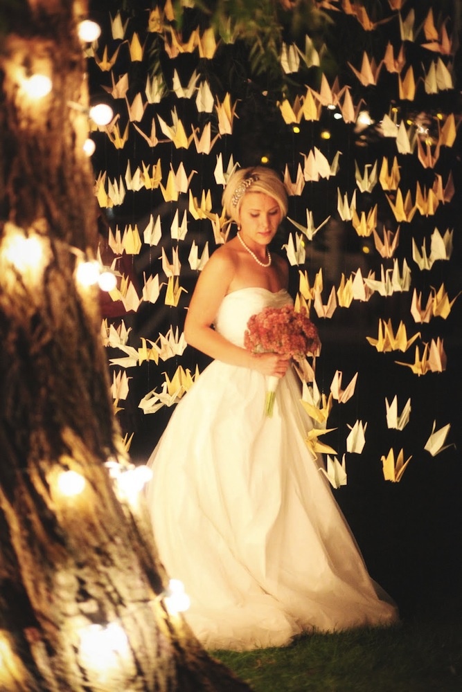 1000 Cranes under the Willow Tree (at night) – shared on Bridal Musings