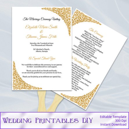Printable Gold Wedding Program Fan Template – sold by WeddingPrintablesDiy on Etsy