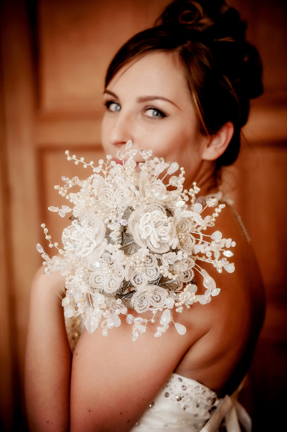 Silver Beaded Wedding Bouquet – made by hairbowswonderworld on Etsy