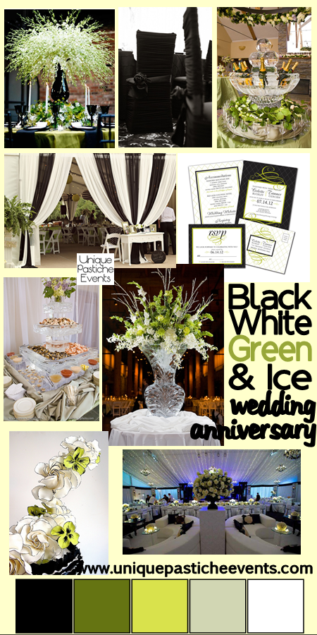 Black, White, Green and ICE! - Wedding Anniversary Idea Read all the details about this versatile design here: https://uniquepasticheevents.com/2014/12/17/black-white-green-and-ice-wedding-anniversary-ideas/