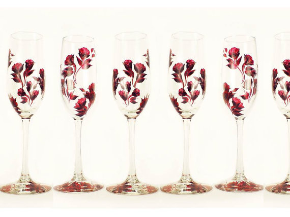 Hand Painted with Dark Red Rose Champagne Glasses – made by HandPaintedPetals on Etsy