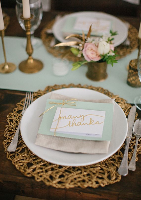Mint and Gold Table Setting – shared on 100 Layer Cake