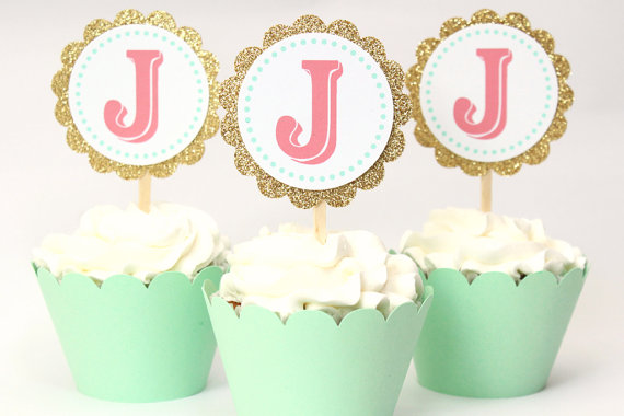 Custom Gold Glitter Cupcake Toppers in Mint and Coral Monogramed – made by WhenItRainsShop on Etsy