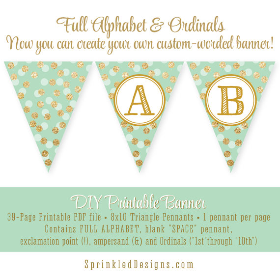 Printable DIY Pennant Banner in Mint Green, Gold and White Polka Dots – made by Sprinkled Design on Ets