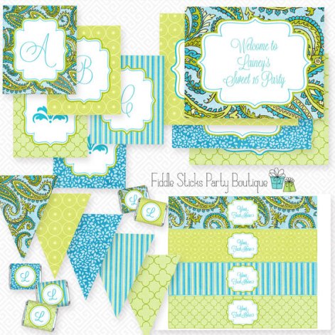 Editable Instant Download Turquoise and Lime Paisley Party Kit – made by FiddleSticks Boutique on Etsy