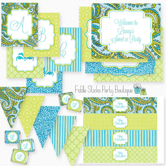 Editable Instant Download Turquoise and Lime Paisley Party Kit – made by FiddleSticks Boutique on Etsy