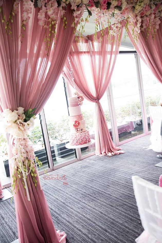 Pink Floral Draped Décor and Cake Display – shared on The Little Big Company