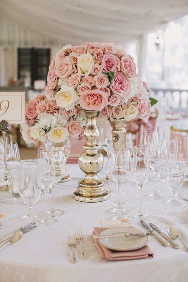 Pink and White Rose and Gold Centerpiece – shared on Belle the Magazine