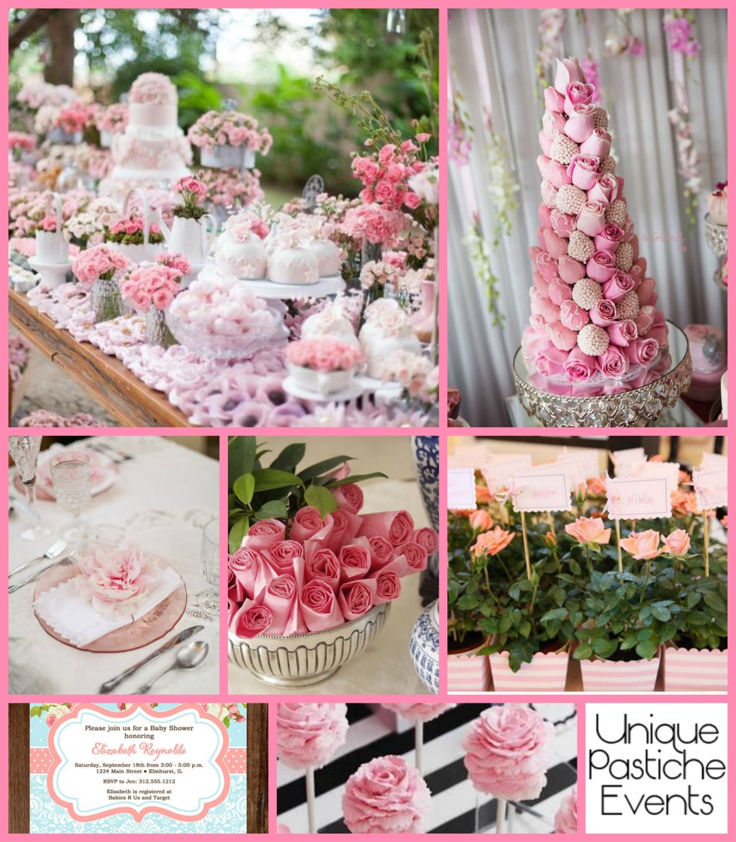 Pale Pink Rose Baby Shower Idea Board See the full post for all the details: https://uniquepasticheevents.com/2015/04/29/pale-pink-rose-baby-shower/