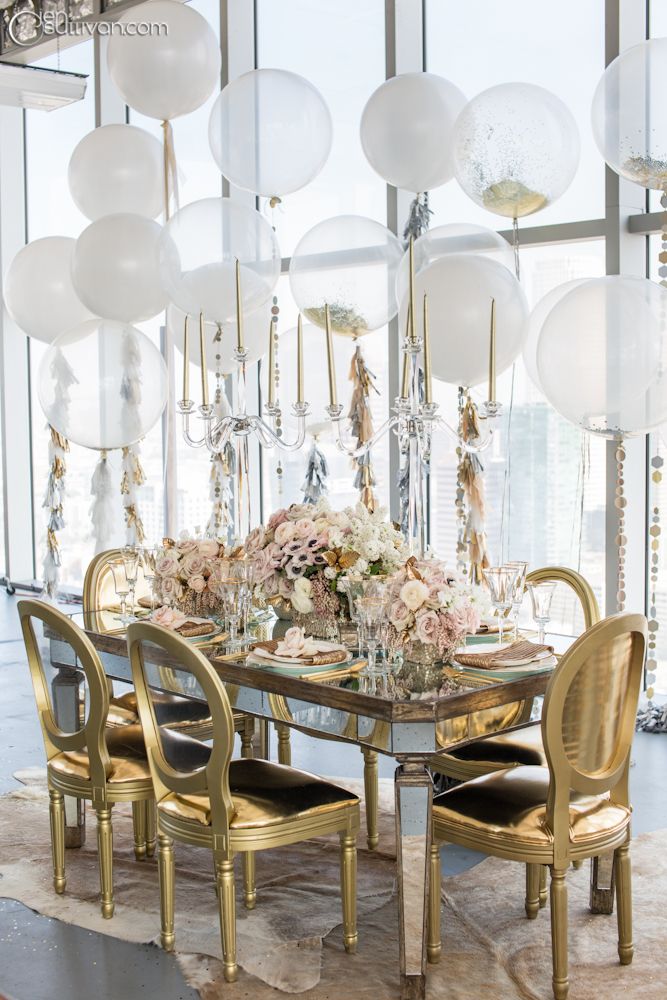 Gold and White Tablescape with Flower + Balloons – shared on Belle The Magazine