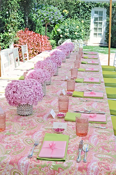 Hydrangeas Tablescape with Pink and Green Tablecloth – shared in a roundup post on Weddingomania