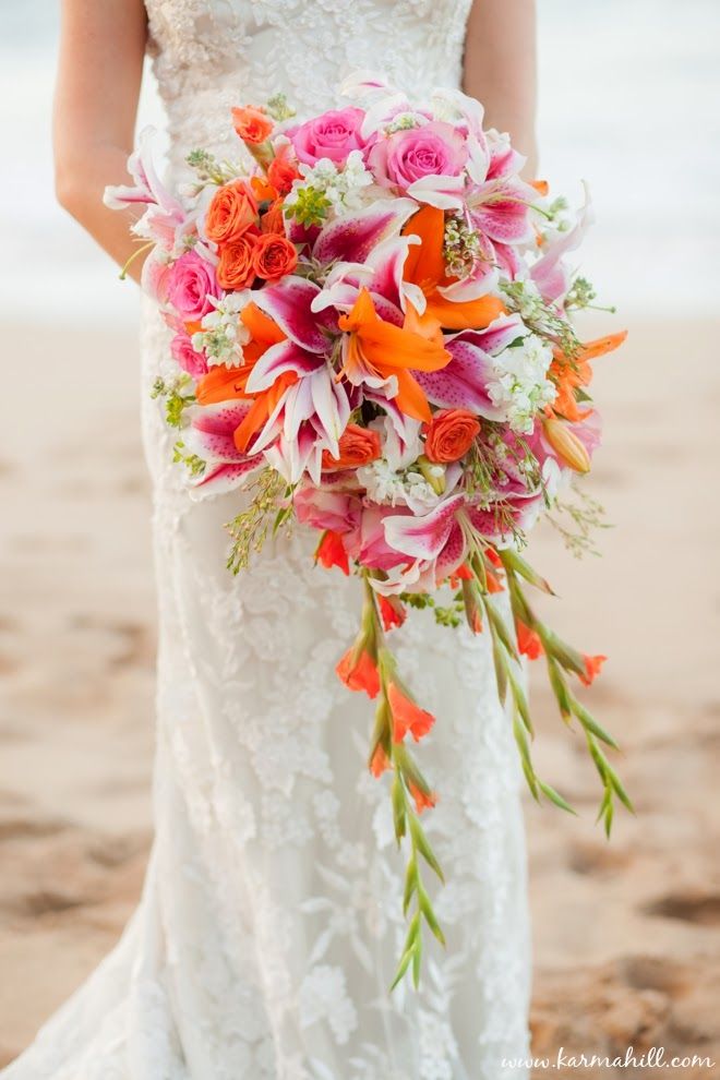 Pink and Orange Lily Wedding Bouquet – shared by Simple Maui Weddings