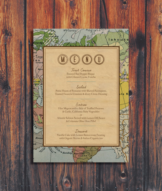 Vintage Travel Themed Wedding Menu – created and sold by ConteurCo on Etsy