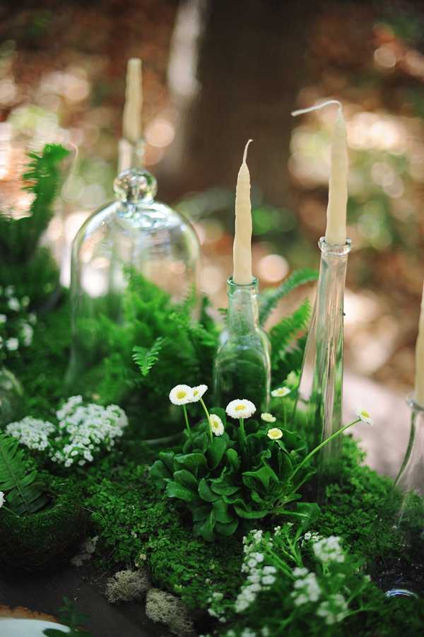 Ferns, Candles and Glass Tablescape – shared on Ruffled Blog
