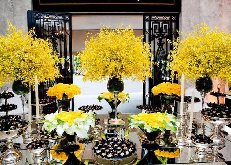 Yellow and Black with Mirror Party Food Buffet Station – shared on Hosting Essence