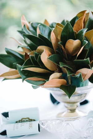 Magnolia Leaves in a Silver Bowl Centerpiece – shared on Elizabeth Anne Designs