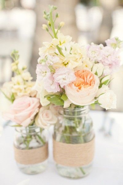 Peach and Pink Flowers in Mason Jars