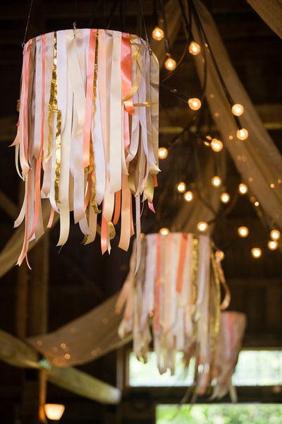 Peach, Pink, and Gold Ribbon Chandelier – shared by Maine Season Events on WeddingWire