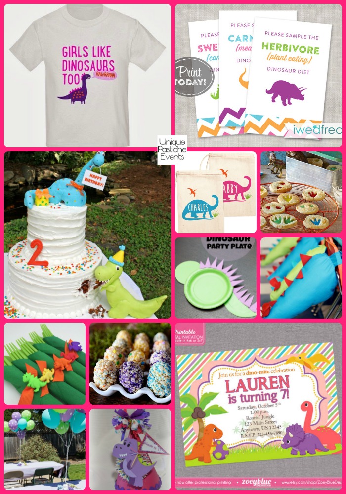 Colorful Dinosaur Party Ideas for Girls by Unique Pastiche Events See the full post with all the details here: https://uniquepasticheevents.com/2016/03/23/colorful-dinosaur-party-ideas-for-girls/