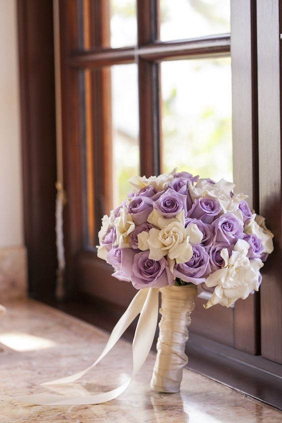 Gardenias and Lavender Rose Satin Wrapped Bouquet – shared by Mindy Weiss