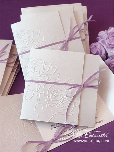 Wedding Invitations with Embossed Roses with Lilac Ribbon – made by Violet Wedding Invitations