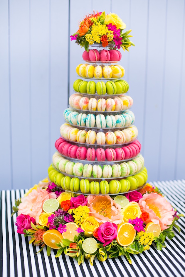 Dessert Macaron Display in Colorful Shades of Chartreuse, Hot Pink, Lemon and Lime – shared on Bridal Musings