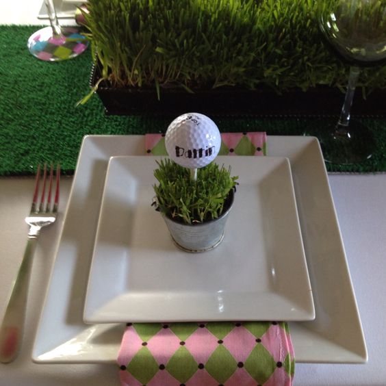 Place Setting with Golf Ball on Tee – shared in this roundup post on One Stop Party Ideas