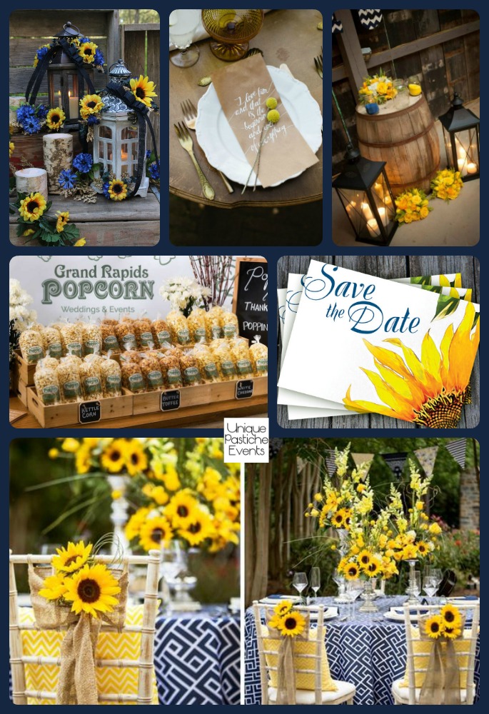 Rustic Country - Sunflower and Navy Soiree at Sunset See the full post with all the details here: https://uniquepasticheevents.com/2016/04/20/rustic-sunflower-and-navy-country-sunset-reception/