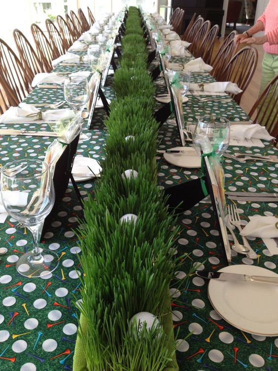 Wheat Grass and Golf Ball Long Centerpiece – shared on Pinterest