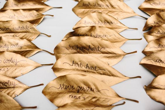 Gold Magnolia Leaf Escort Cards – shared on Southern Weddings Magazine