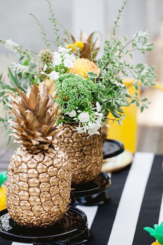 Golden Pineapple with Black and White Stripes Tablescape – shared by Better Homes and Gardens