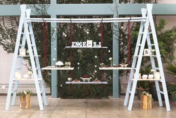 Blue Ladder Hanging Dessert Display – shared on The Knotty Bride