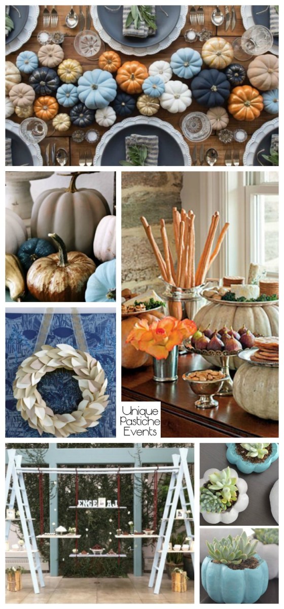 Modern Blue Pumpkin Thanksgiving Décor Ideas – in Light Blue and Navy Blue See all the decor ideas here: https://uniquepasticheevents.com/2016/11/02/modern-blue-pumpkin-thanksgiving-decor-ideas-in-light-blue-and-navy-blue/
