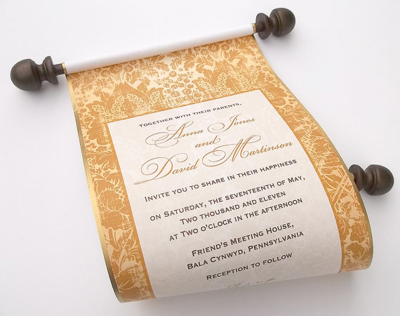 Elegant Winter Wedding Scroll Invitation with Gold Print – created and sold by ArtfulBeginnings on Etsy