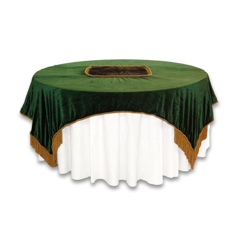 Green Velvet Tablecloth Overlay with Gold Tassel Borders – available through PRI Productions
