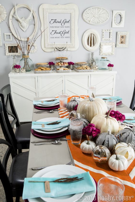 Modern Thanksgiving and Autumn Table in Grey, White, Blue, and Maroon – spotted on Pinterest