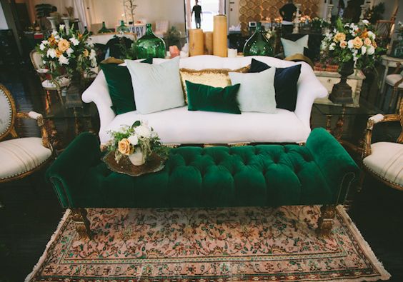 Sophisticated Green Velvet and White Sofa Lounge – featured on 100 Layer Cake