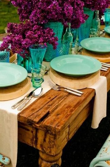 Turquoise and Fuchsia Rustic Tablescape – shared in a roundup post by Happy Wedd
