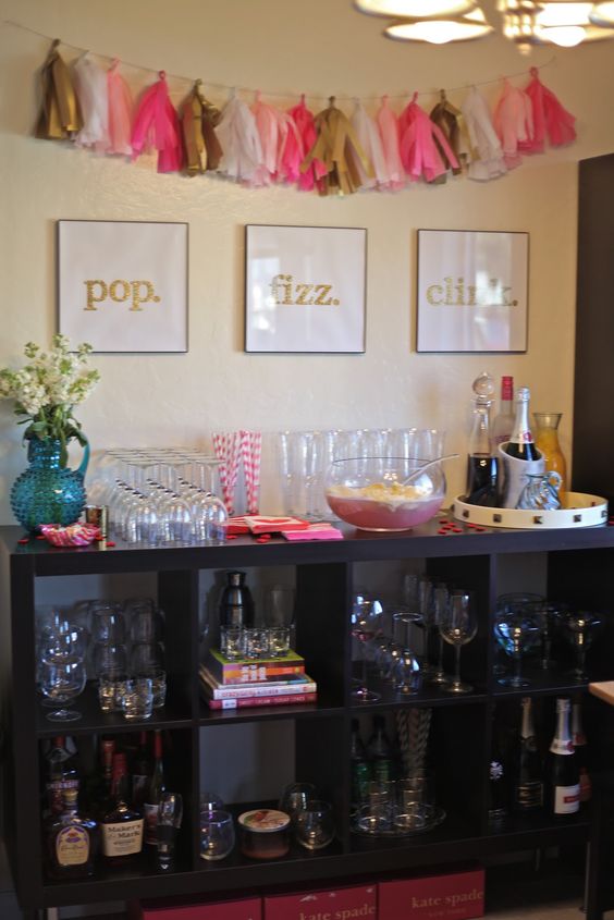 Gold, Pink, and White “Pop Fizz Clink” Champagne Station – shared by Natalie Dressed