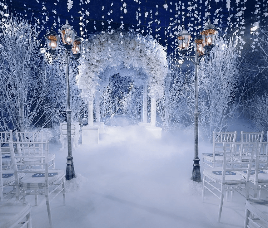 Nighttime Snowy Winter Wedding Altar and Ceremony Décor with Lamp Post Accents – designed by Lid’s Event House