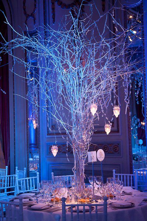 Tall White Branch Winter Centerpiece with Hanging Crystals and Candles