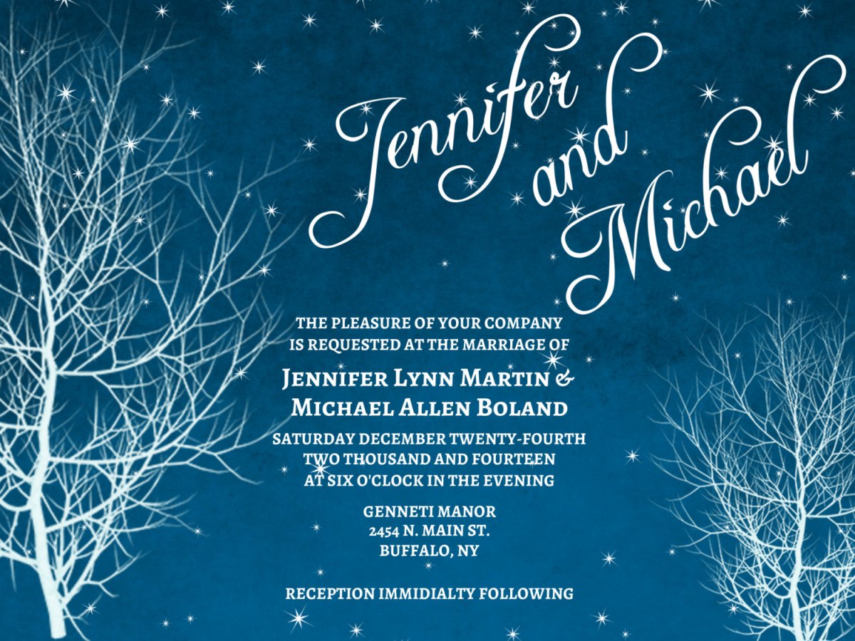 Winter Wedding Invitation with Trees in White and Blue – created and sold by GooseCornerGreetings on Etsy