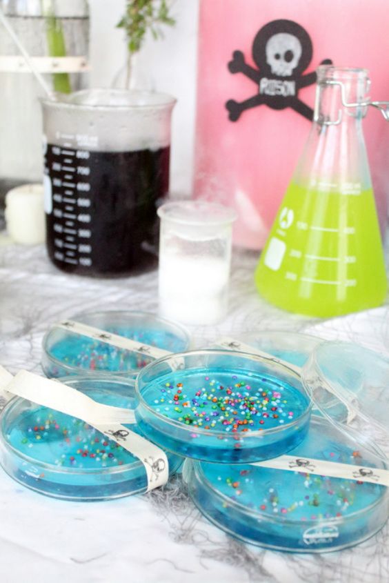 Petri Dish Jelly Party Treats – shared in a roundup post by Hip Hip Hooray