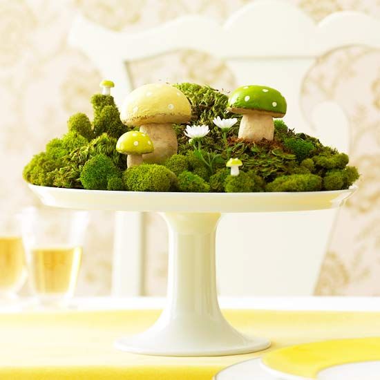 Mushrooms and Moss Garden Centerpiece – shared in a roundup post by Mix and Chic