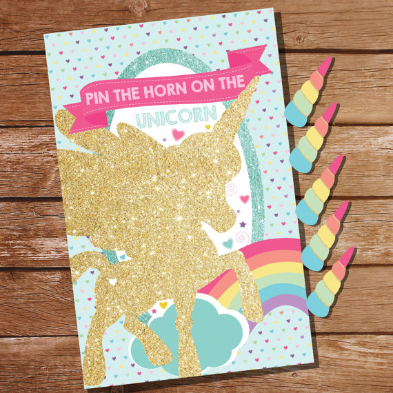 Pin the Horn on the Unicorn Printable Party Game – created and sold by SunshineParties on Etsy