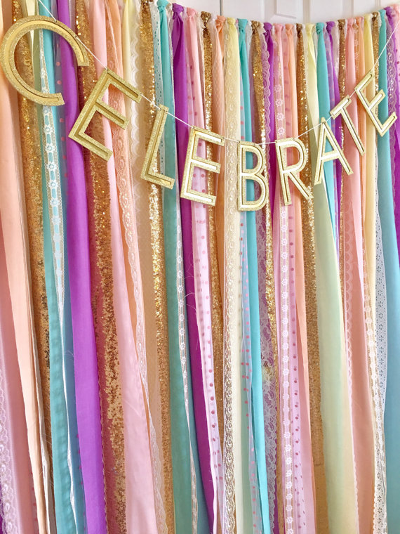 Unicorn Rainbow Pastels and Gold Sequin Garland Photo Backdrop – created and sold by ohMycharley on Etsy
