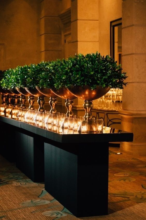 Silver Compote Planters Filled with Boxwood Perimeter Decor – spotted on Pinterest